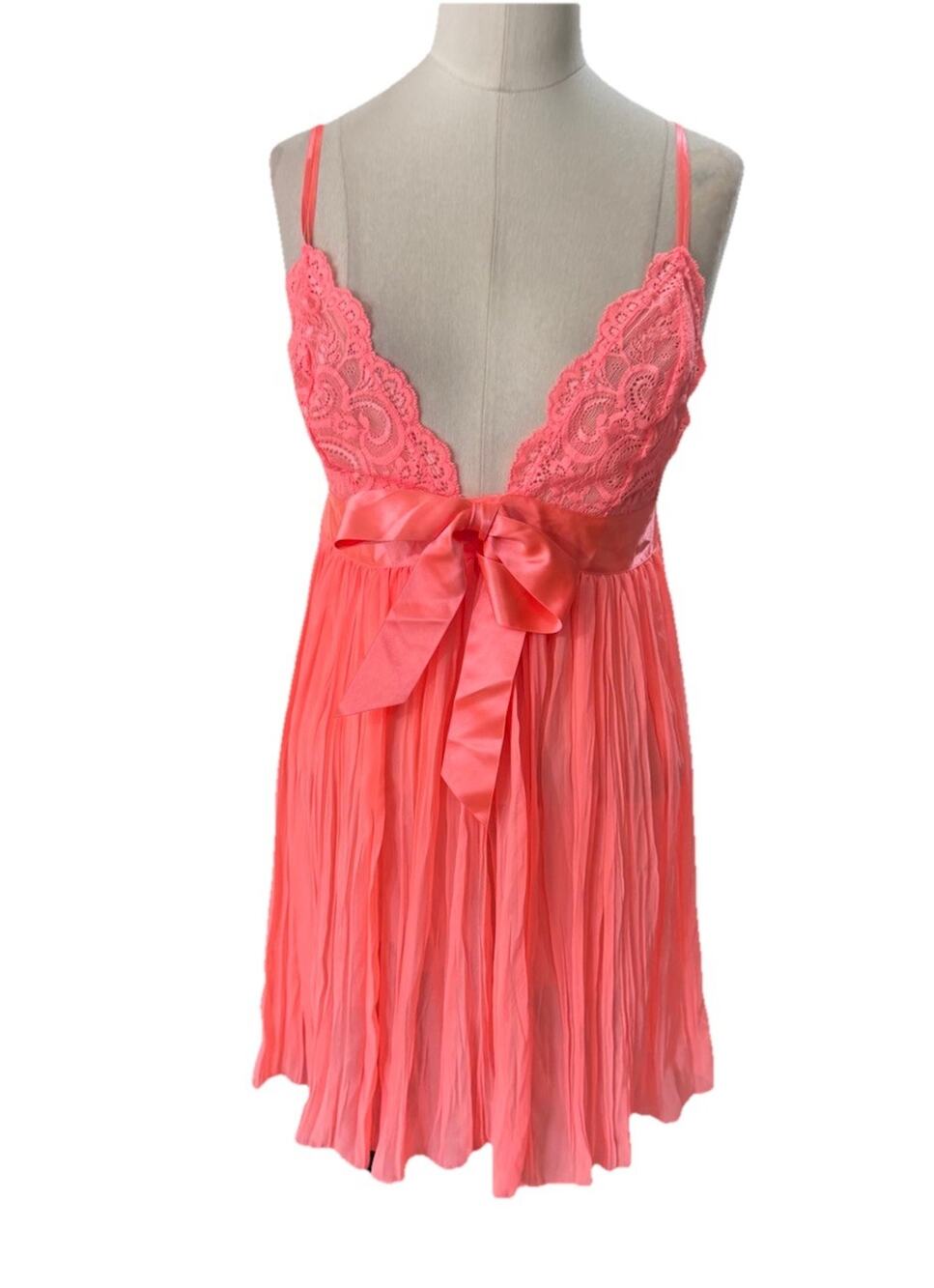 Vintage Victoria's Secret Pink Pleated Babydoll Lace Satin Bow Lingerie M Y2K